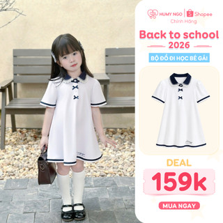Váy polo cộc tay HUMY NGO trắng phối xanh form suông A bé 12-28kg. Váy học sinh tiểu học chất thun lạnh mềm mát [v164]