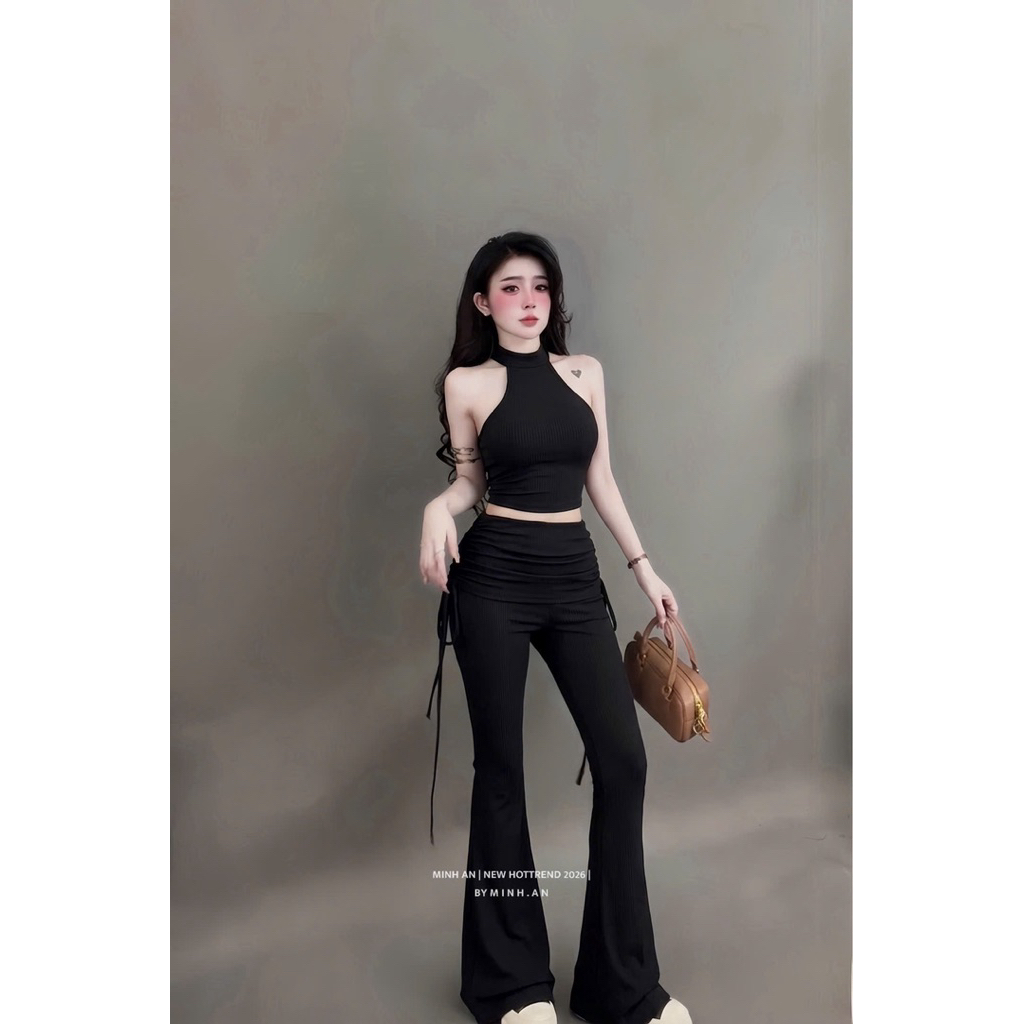 Set áo body cổ yếm mix quần ống loe siu tôn dáng