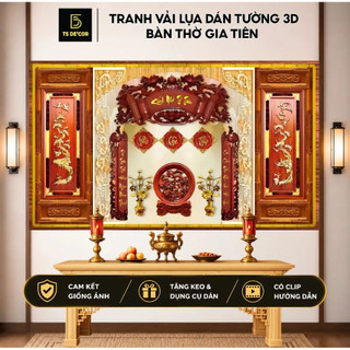 Tranh dán tường 3D bàn thờ gia tiên TS Decor, vải lụa cao cấp thẩm mỹ sang trọng, trang trí phòng thờ, tặng keo dán