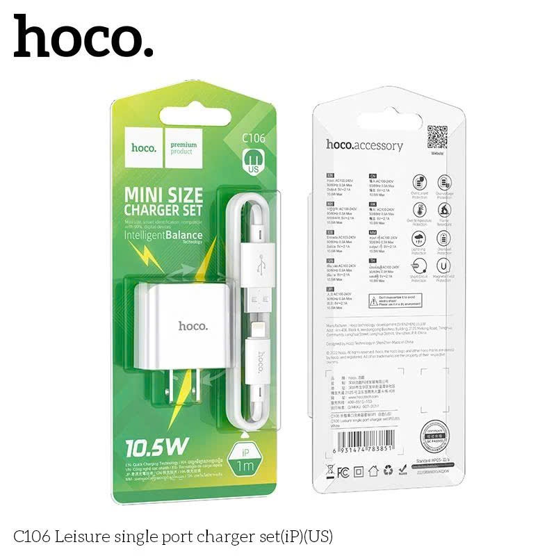 Bộ Sạc HOCO C106 10.5W Gồm Củ USB Và Cáp Sạc 1m Thiết Kế Nhỏ Gọn Dễ Mang Theo