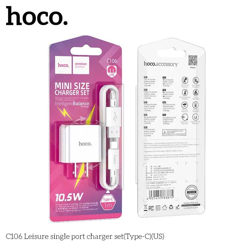 Bộ Sạc HOCO C106 10.5W Gồm Củ USB Và Cáp Sạc 1m Thiết Kế Nhỏ Gọn Dễ Mang Theo