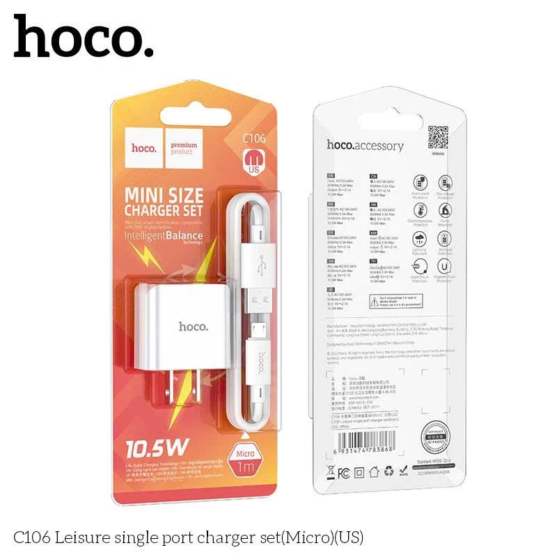 Bộ Sạc HOCO C106 10.5W Gồm Củ USB Và Cáp Sạc 1m Thiết Kế Nhỏ Gọn Dễ Mang Theo