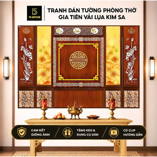 Tranh dán tường 3D bàn thờ gia tiên TS Decor, vải lụa cao cấp thẩm mỹ sang trọng, trang trí phòng thờ, tặng keo dán