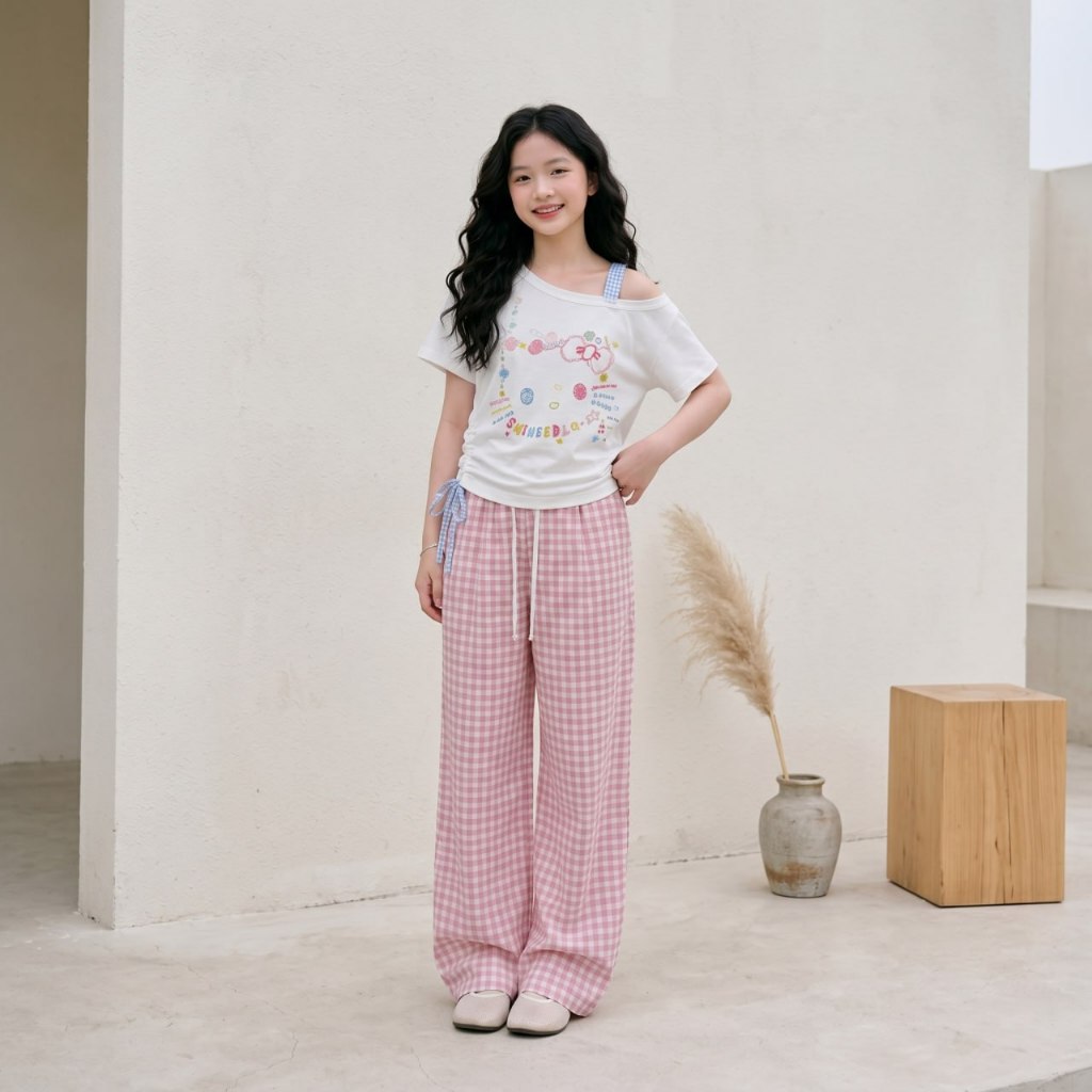 Áo kitty to vai lệch mix dây caro cho bé gái size đại BEESHOP H26087