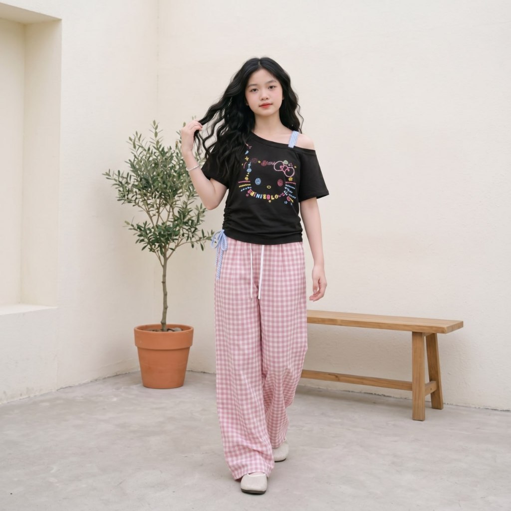 Áo kitty to vai lệch mix dây caro cho bé gái size đại BEESHOP H26087