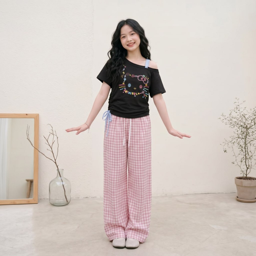 Áo kitty to vai lệch mix dây caro cho bé gái size đại BEESHOP H26087