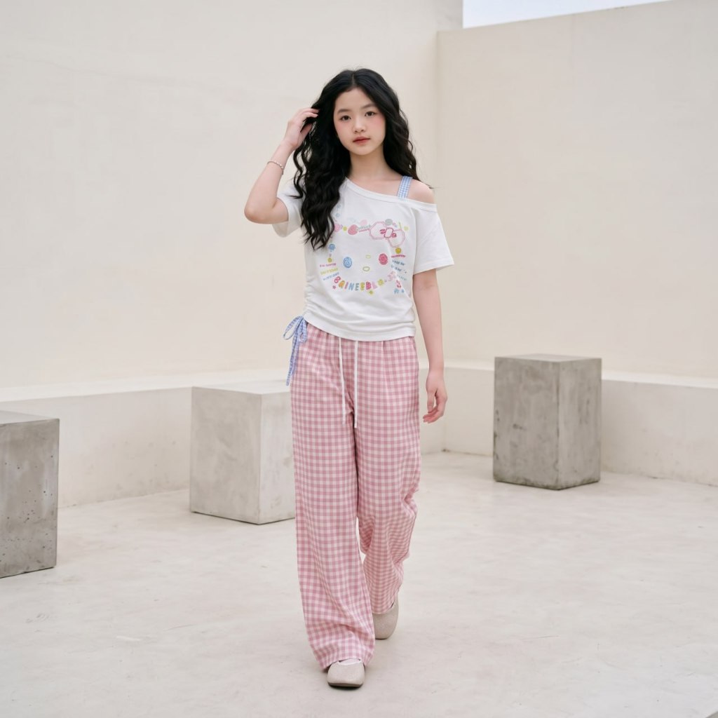 Áo kitty to vai lệch mix dây caro cho bé gái size đại BEESHOP H26087