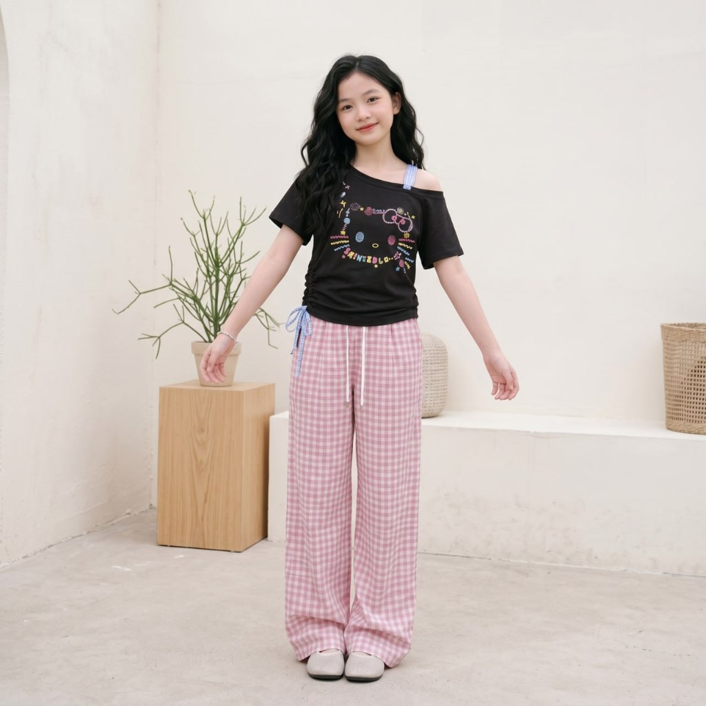 Áo kitty to vai lệch mix dây caro cho bé gái size đại BEESHOP H26087