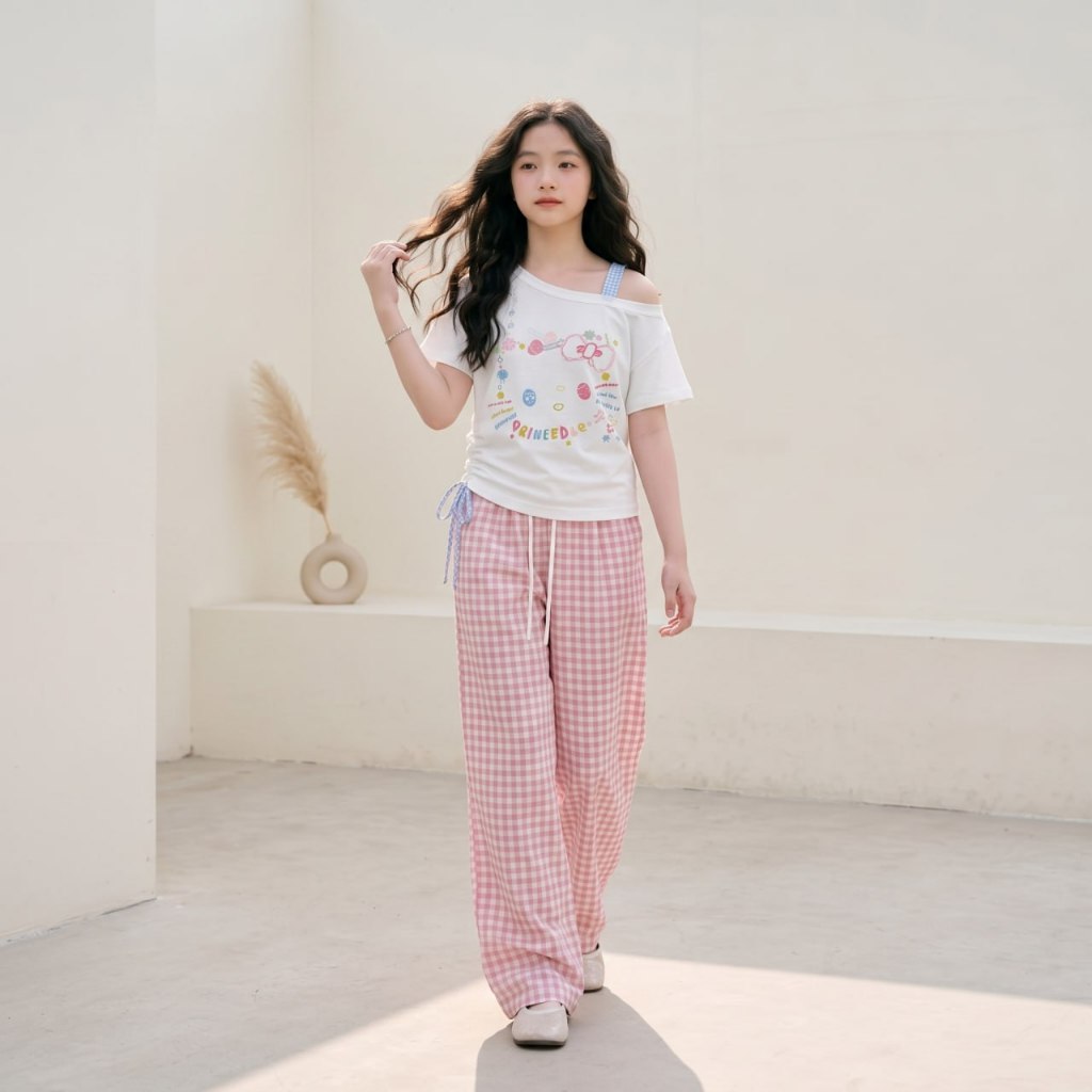 Áo kitty to vai lệch mix dây caro cho bé gái size đại BEESHOP H26087