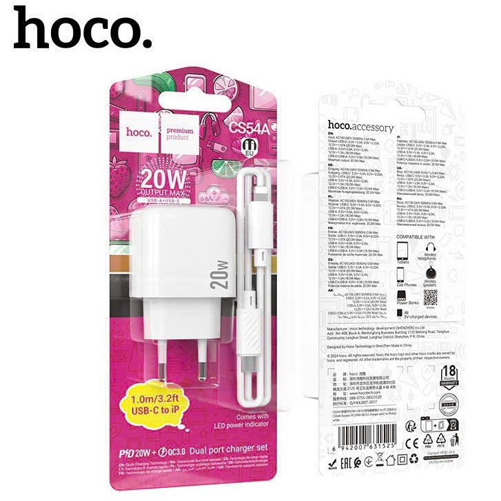 Bộ Củ Cáp Sạc Nhanh HOCO CS54A PD 20W QC 3.0 USB C To Lightning Có LED Báo Nguồn