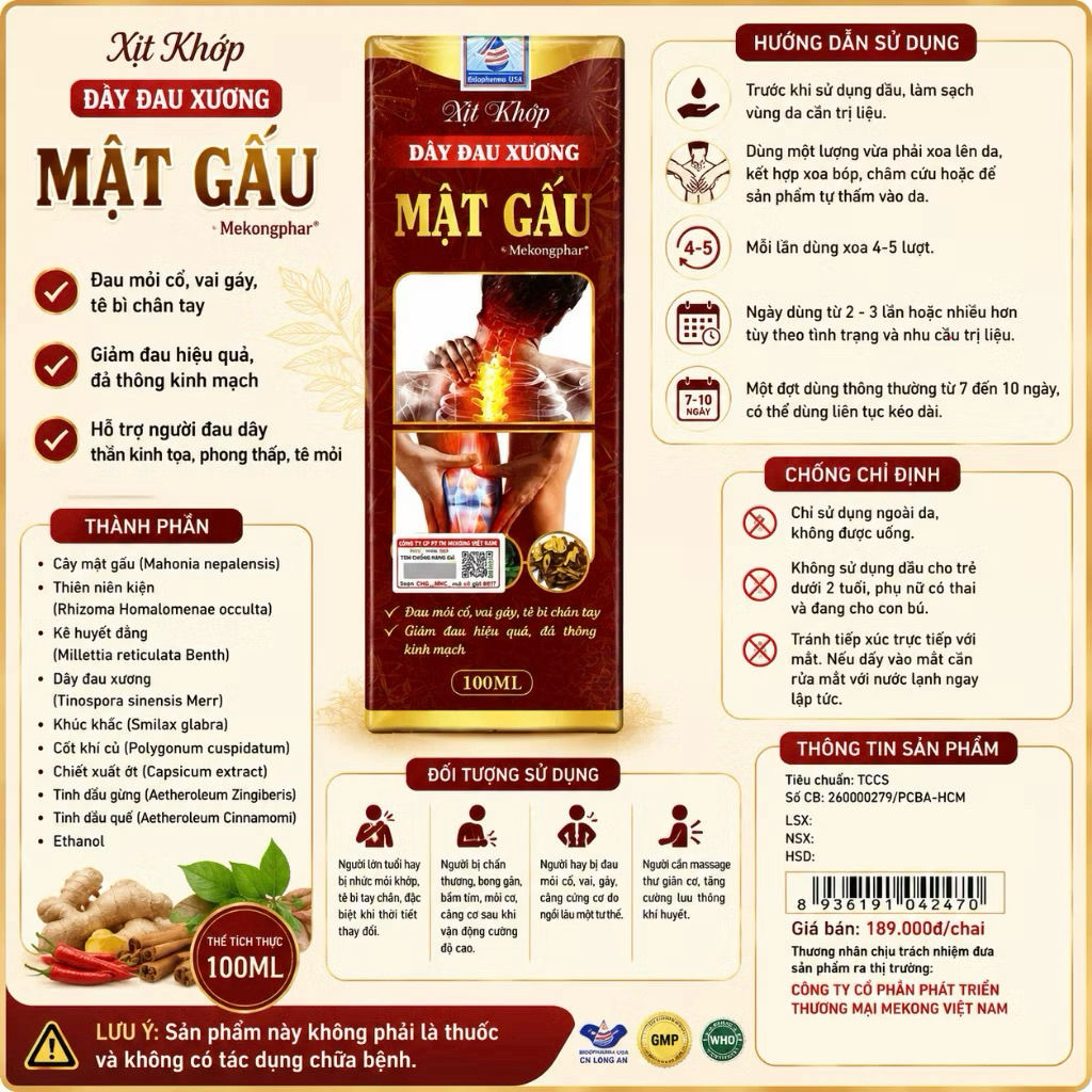 [Xịt Xương Khớp]Xịt Xương Khớp Dây Đau Xương Mật Gấu-Giảm đau nhức xương khớp,chấn thương-Chai 100ml