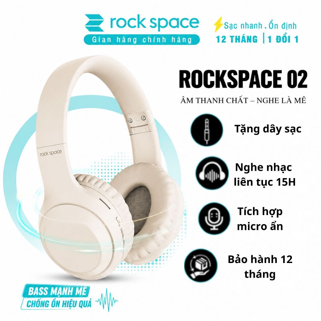 Headphone tai nghe bluetooth không dây chụp tai Rockspace O2 nghe nhạc liên tục 15h hàng chính hãng
