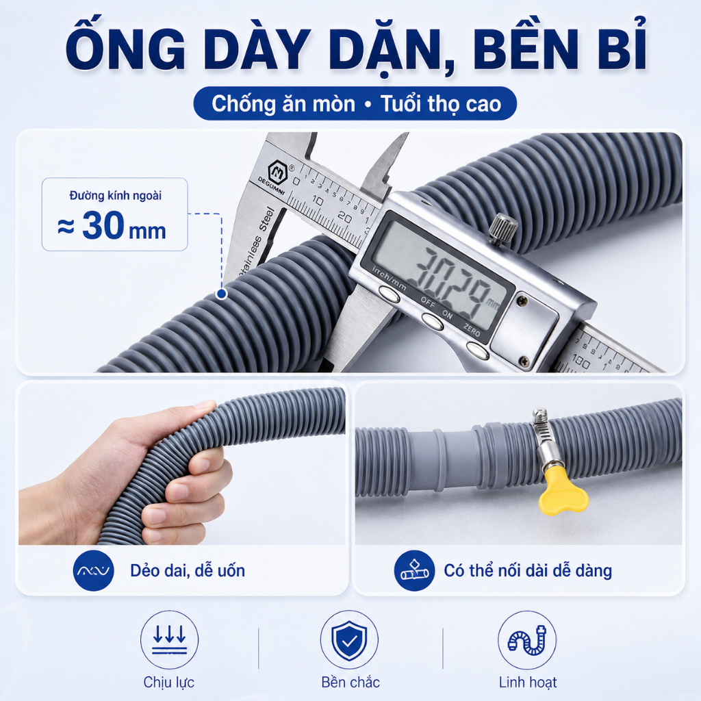 Ống Thoát Nước Máy Giặt Đa Năng 28-42mm, Chống Rò Rỉ, Ống Xả Nước Bồn Rửa Bát Dày Dặn Bền Bỉ Chống Gãy Nứt