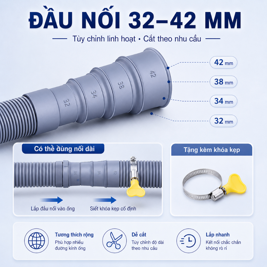 Ống Thoát Nước Máy Giặt Đa Năng 28-42mm, Chống Rò Rỉ, Ống Xả Nước Bồn Rửa Bát Dày Dặn Bền Bỉ Chống Gãy Nứt