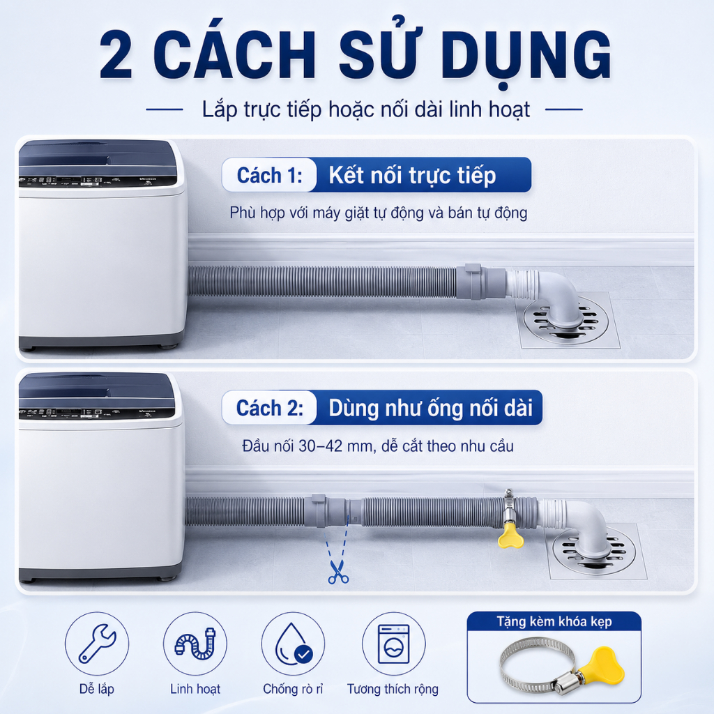 Ống Thoát Nước Máy Giặt Đa Năng 28-42mm, Chống Rò Rỉ, Ống Xả Nước Bồn Rửa Bát Dày Dặn Bền Bỉ Chống Gãy Nứt