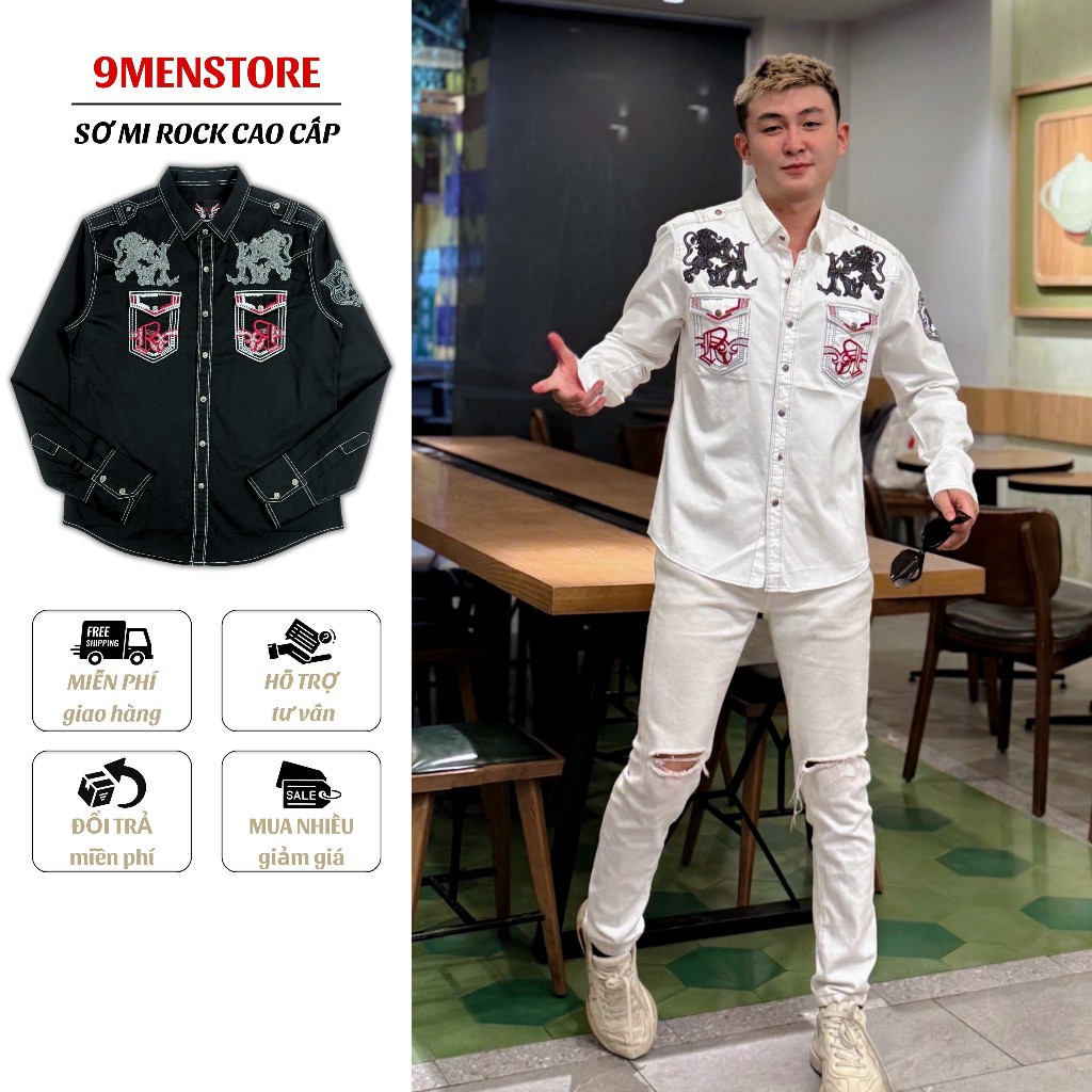 Sơ Mi Rock Classic Cao Cấp Thêu Họa Tiết Sư Tử Chỉ Đỏ - Vải Kaki Tôn Dáng, Cúc Kim Loại Đẳng Cấp 060
