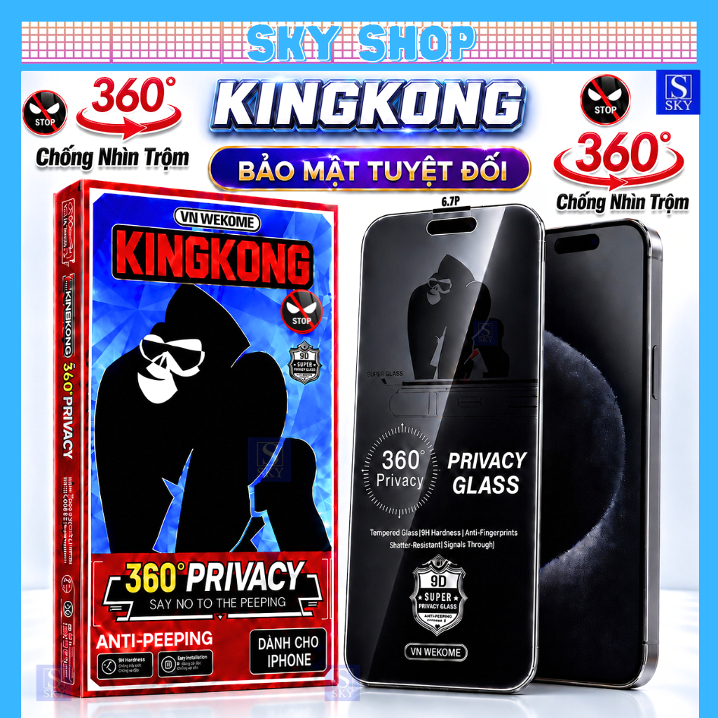Kính Cường Lực Iphone KingKong 4D Chống Nhìn Trộm 360 Độ 4 chiều Cho iPhone 17 Pro Max 16 15 14 13 12 11 ProMax Xs Max