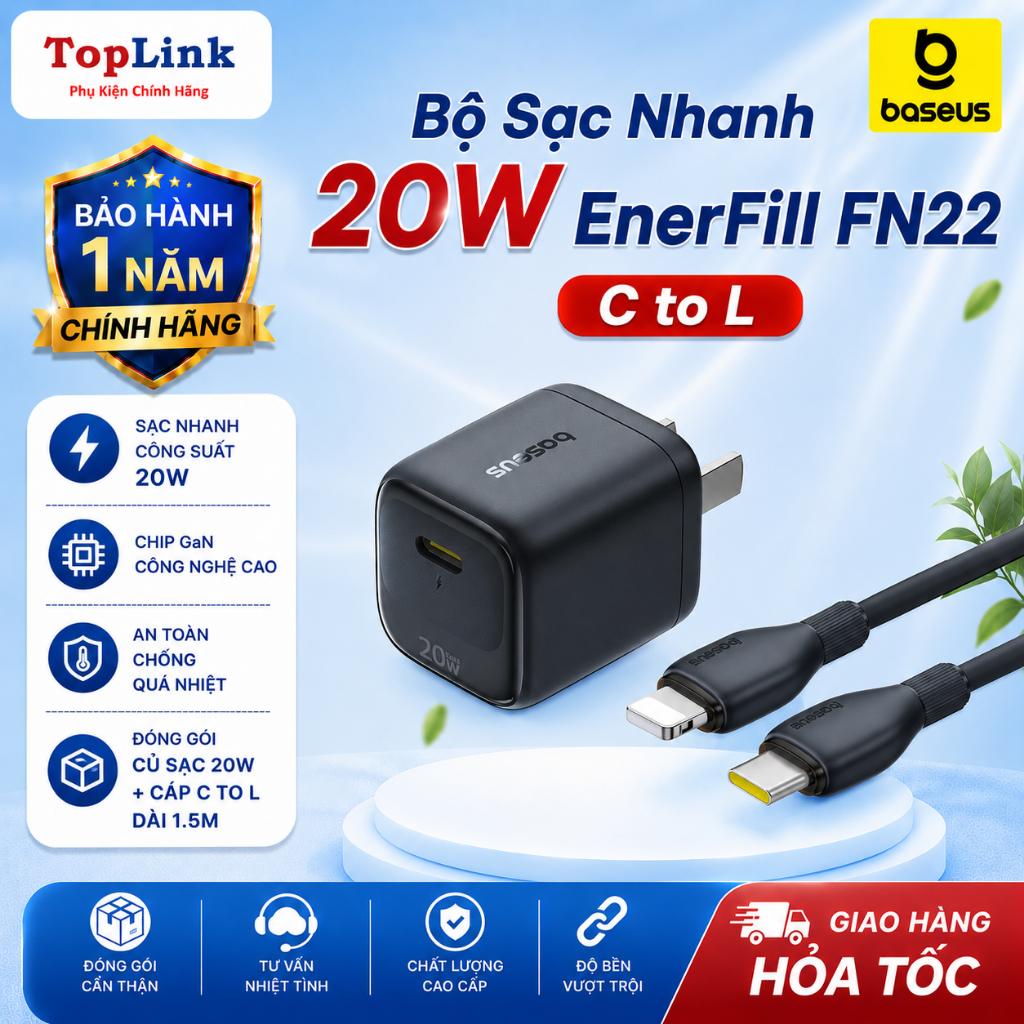 Bộ Sạc Nhanh Baseus 20w Công Nghệ Cao GAN 6 Cho Điện Thoại Fast Charger I-Phone 14 13 12 11 Quick Charge, Nhỏ Gọn