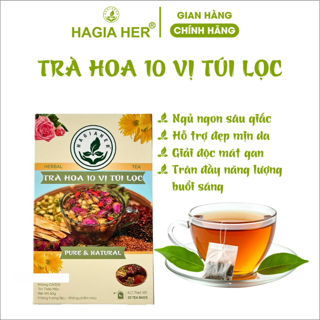 Thảo Dược Hậu Giang - Trà Hoa 10 Vị Túi Lọc - Hỗ Trợ Ngủ Ngon Đẹp Da