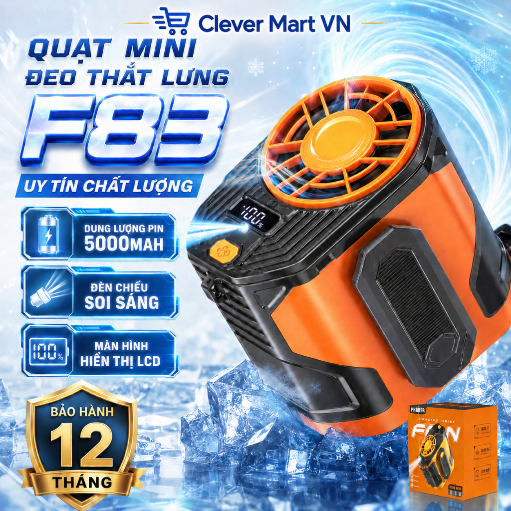 Quạt Tích Điện Kiêm Sạc Dự Phòng 6000mAh Đeo Thắt Lưng, Đeo Cổ Tay, Để Bàn Với 3 Mức Gió, Cổng Sạc Type C Tiện Dụng