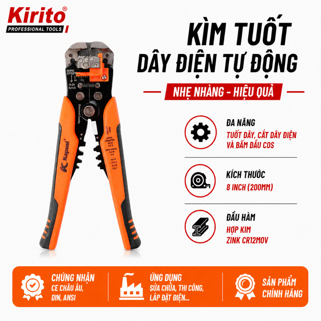 Kìm Tuốt Dây Điện Tự Động Kapusi 8 Inch 200mm K0339 - Kìm Bấm Cos, Cắt Dây Điện Đa Năng Công Nghiệp