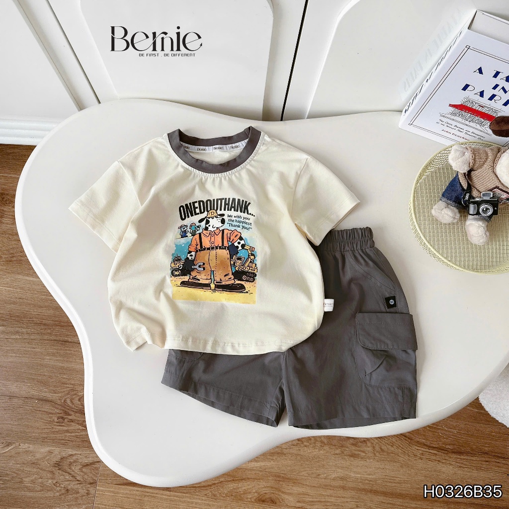 Bộ cộc happy worker áo cotton phối quần kaki cho bé, bộ thun cổ tròn in hoạ tiết cá tính, sành điệu cho con