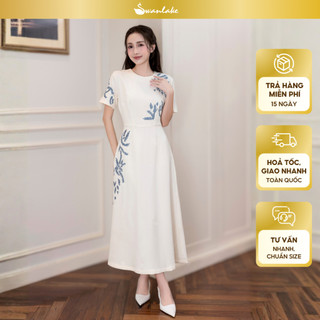 SWANLAKE | Váy Đầm Nữ Suông Cổ Tròn Vải Lụa Dày Thêu Hoa Nhấn Eo Tay Ngắn Sang Trọng Đi Tiệc D13038