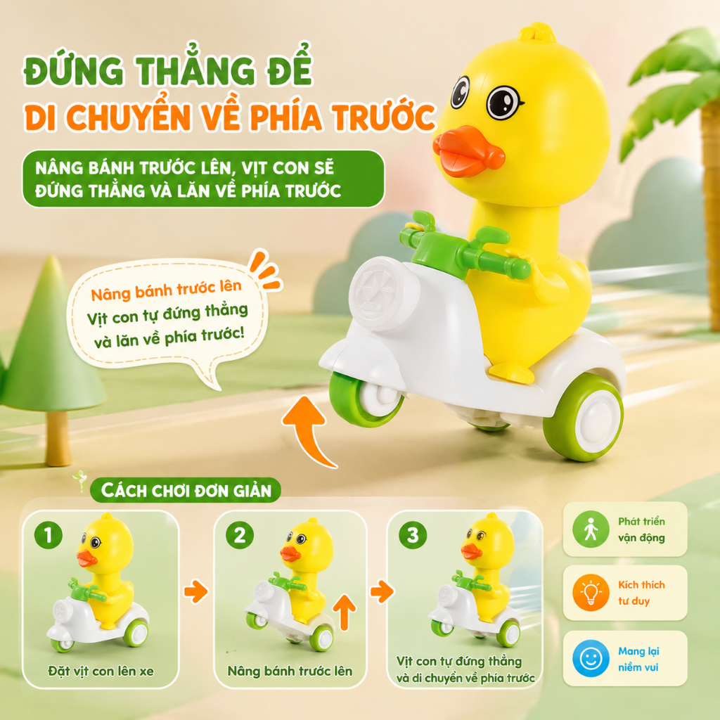 🐤 Đồ Chơi Vịt Con Chạy Đà Cho Bé – Vịt Scooter Tự Di Chuyển, Xoay Đầu Phát Âm Thanh Vui Nhộn