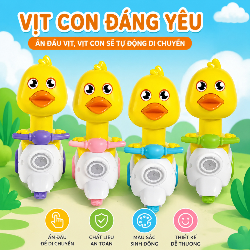 🐤 Đồ Chơi Vịt Con Chạy Đà Cho Bé – Vịt Scooter Tự Di Chuyển, Xoay Đầu Phát Âm Thanh Vui Nhộn