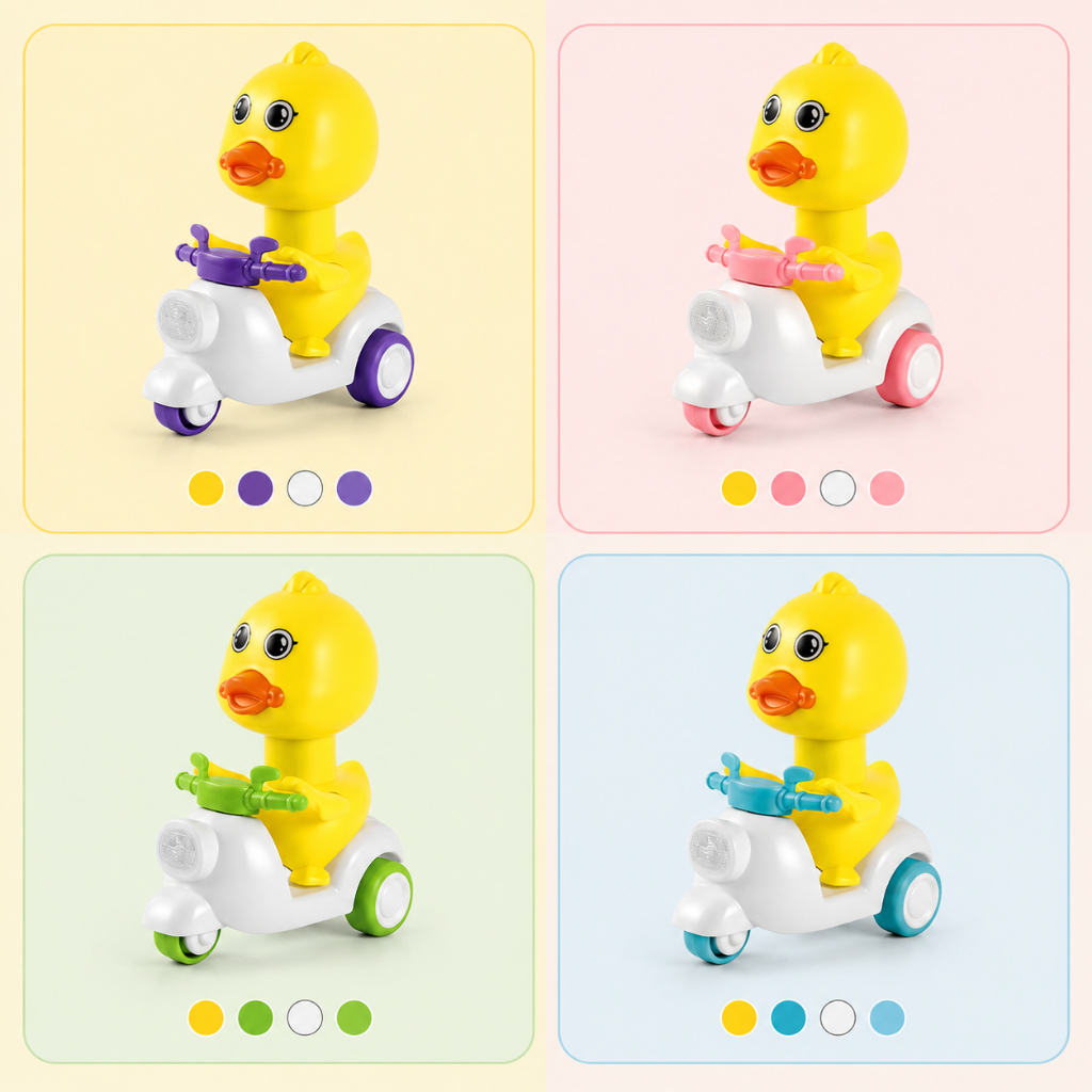 🐤 Đồ Chơi Vịt Con Chạy Đà Cho Bé – Vịt Scooter Tự Di Chuyển, Xoay Đầu Phát Âm Thanh Vui Nhộn