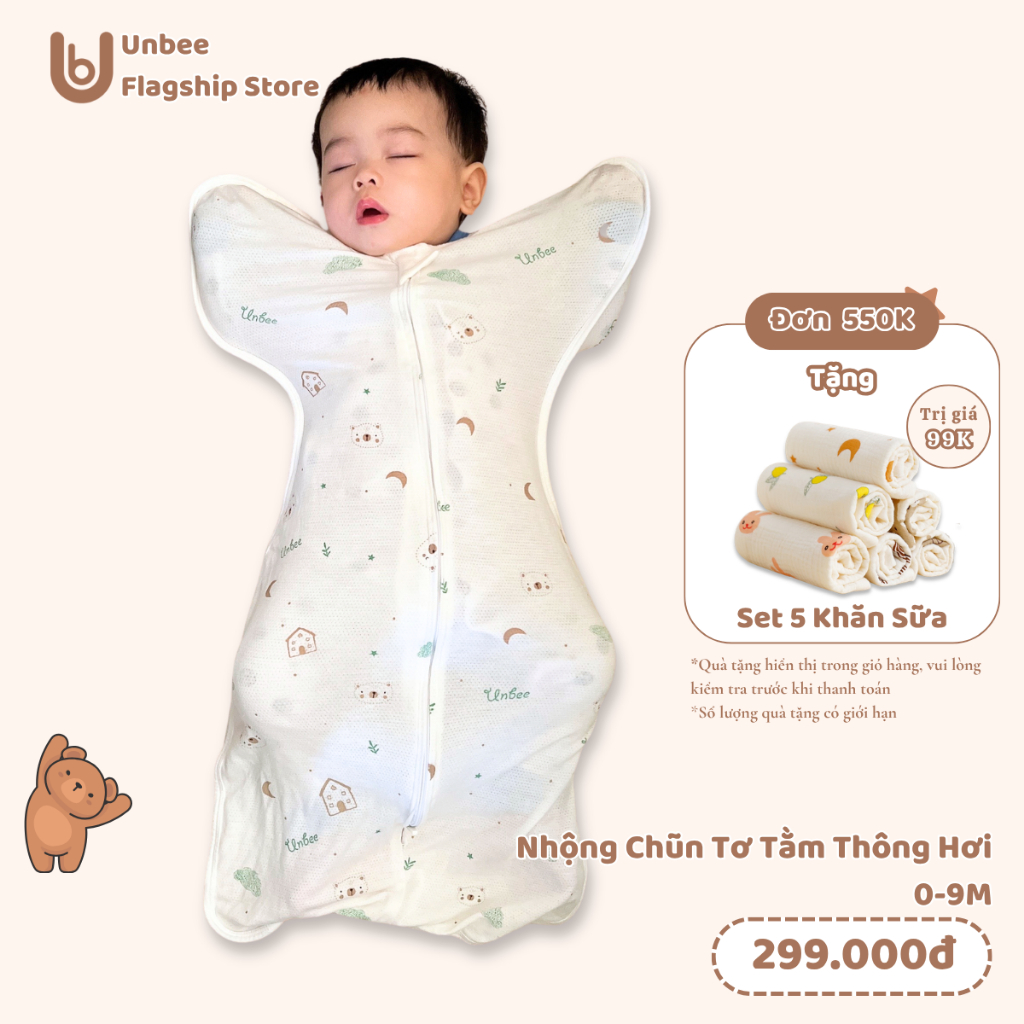 Nhộng Chũn Thông Hơi Unbee Chất Liệu Tơ Tằm Kháng Khuẩn Giúp Bé Ngủ Ngon, Tránh Giật Mình Size 0-9M
