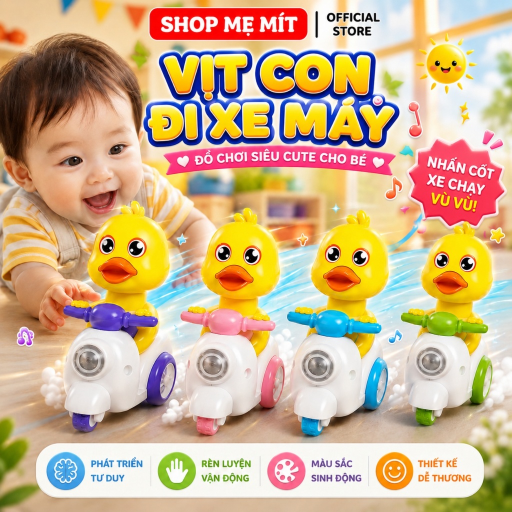 🐤 Đồ Chơi Vịt Con Chạy Đà Cho Bé – Vịt Scooter Tự Di Chuyển, Xoay Đầu Phát Âm Thanh Vui Nhộn