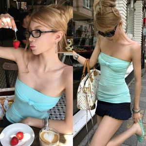 Áo quây ống màu trơn xanh tiffany nơ ngực đơn giản mùa hè đi biển dáng ôm co giãn AQ021 - Tiktik