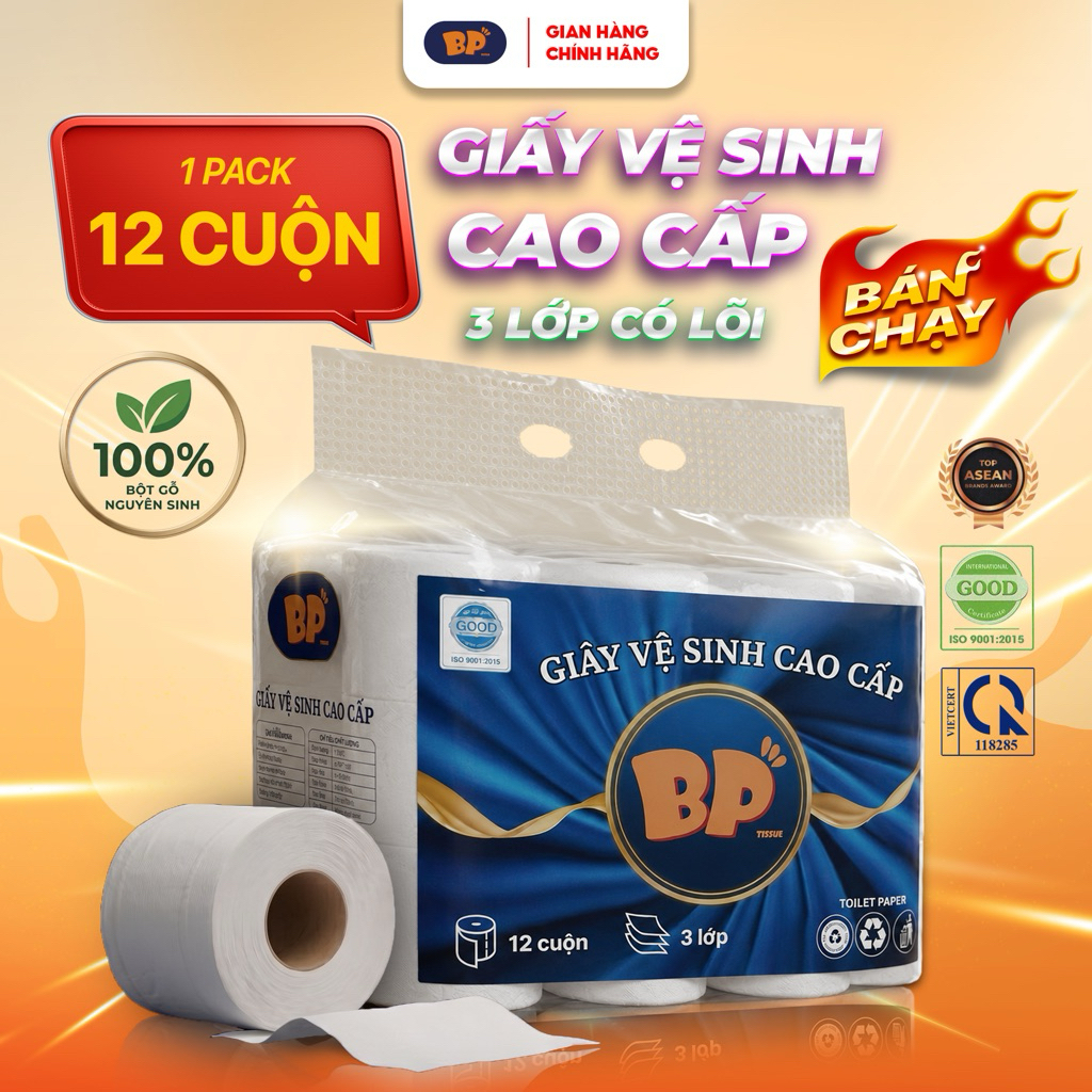 [ CÓ LÕI ] Giấy Vệ Sinh Cao Cấp BP Tissue 12 Cuộn 3 Lớp Chất Liệu Mềm Mại An Toàn Thấm Hút Tiện Lợi
