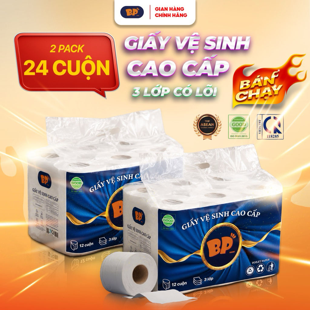 [ CÓ LÕI ] Giấy Vệ Sinh Cao Cấp BP Tissue 12 Cuộn 3 Lớp Chất Liệu Mềm Mại An Toàn Thấm Hút Tiện Lợi
