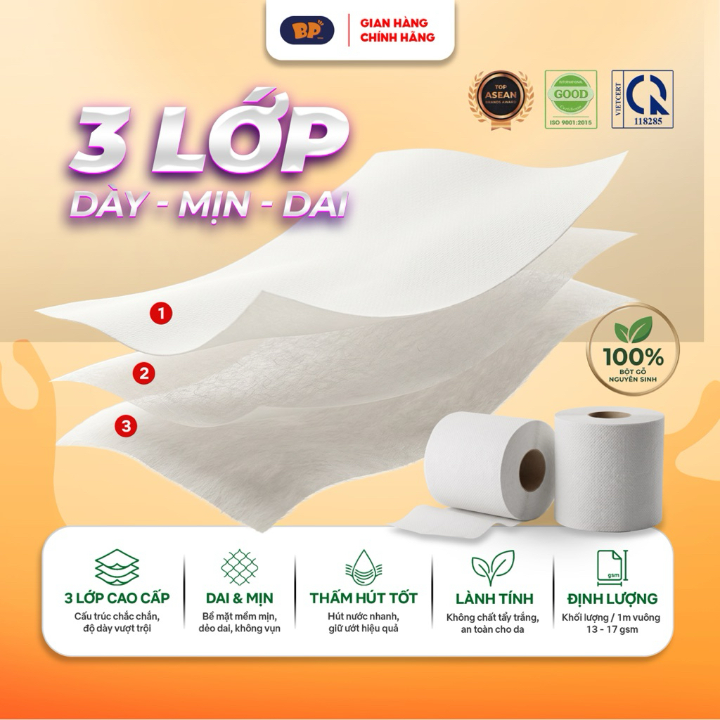 [ CÓ LÕI ] Giấy Vệ Sinh Cao Cấp BP Tissue 12 Cuộn 3 Lớp Chất Liệu Mềm Mại An Toàn Thấm Hút Tiện Lợi