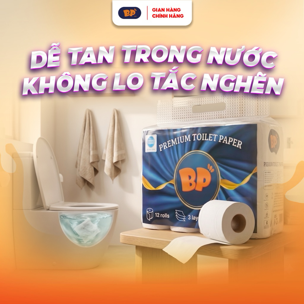 [ CÓ LÕI ] Giấy Vệ Sinh Cao Cấp BP Tissue 12 Cuộn 3 Lớp Chất Liệu Mềm Mại An Toàn Thấm Hút Tiện Lợi