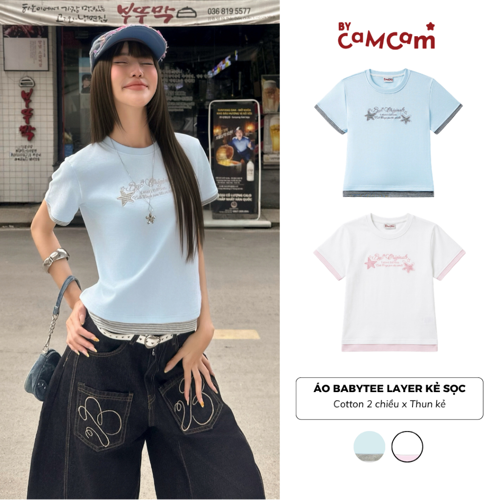 Áo Babytee Layered Kẻ Sọc 𝑩𝒚𝒄𝒂𝒎𝒄𝒂𝒎 Áo Thun Cotton Chữ Thêu Trendy Nữ Tính ABN522
