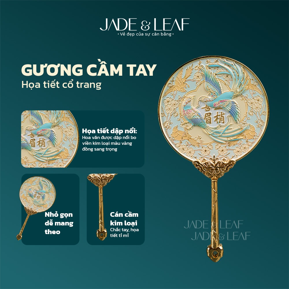 Gương Cầm Tay Phượng Hoàng Jade&Leaf Gương Mini Vintage Trang Điểm Bỏ Túi Phong Cách Cổ Điển