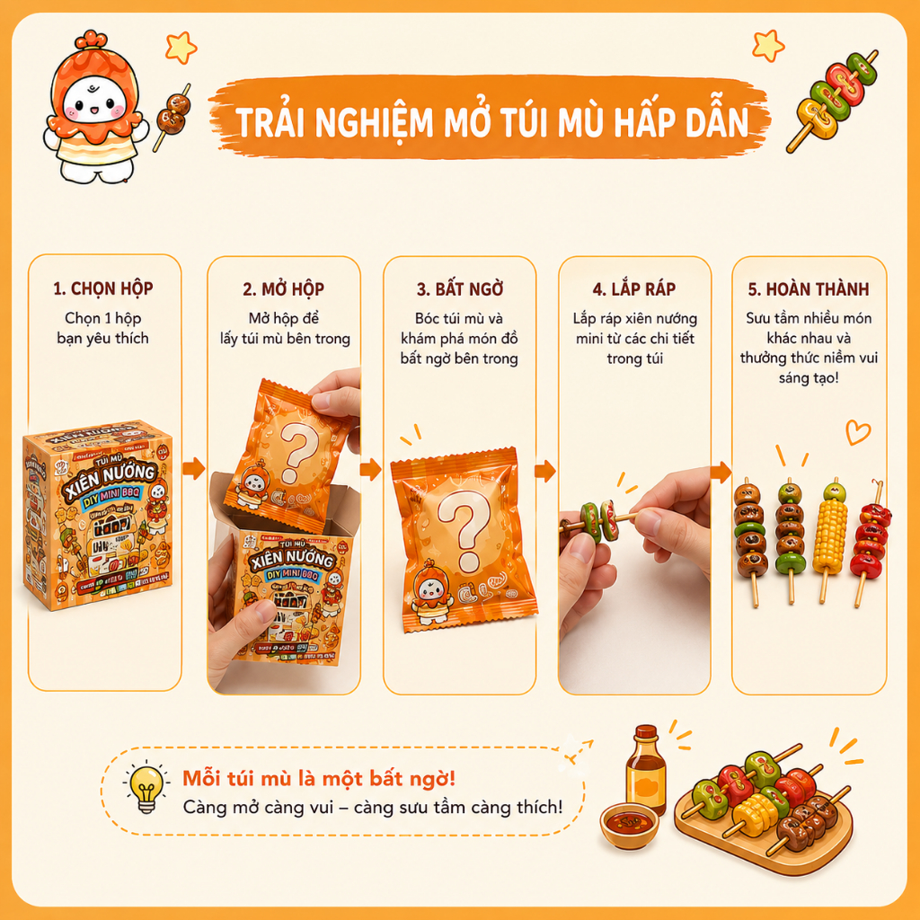 🍢 Túi Mù Xiên Nướng Mini DIY – Đồ Chơi Lắp Ráp Mô Hình Đồ Ăn Siêu Cute Cho Bé