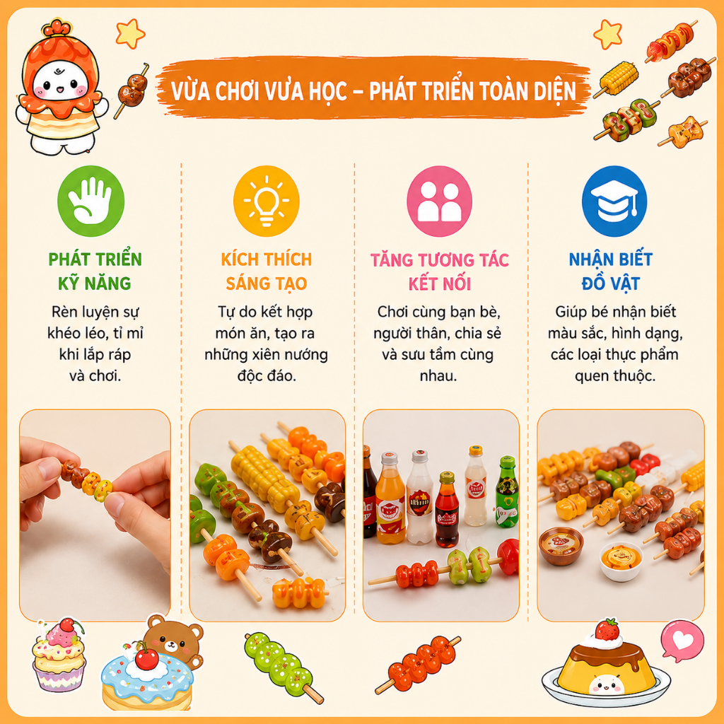 🍢 Túi Mù Xiên Nướng Mini DIY – Đồ Chơi Lắp Ráp Mô Hình Đồ Ăn Siêu Cute Cho Bé