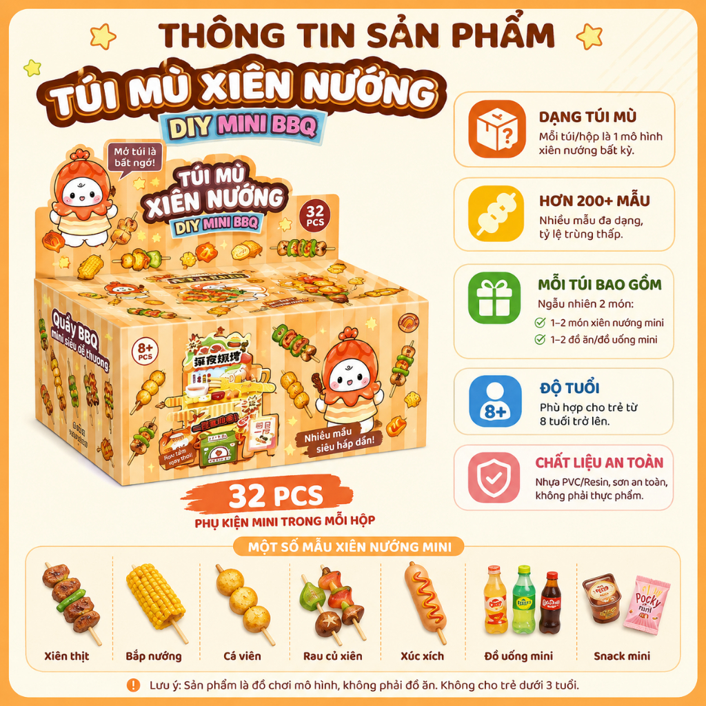 🍢 Túi Mù Xiên Nướng Mini DIY – Đồ Chơi Lắp Ráp Mô Hình Đồ Ăn Siêu Cute Cho Bé