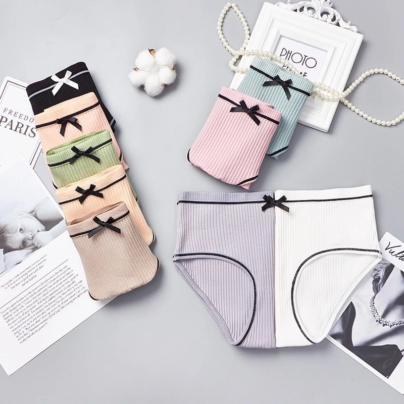 [Peinn] Set 10 Quần Lót 💥 HÀNG CAO CẤP 💥 Quần Lót Viền Kẻ Gân Tăm Tre Đính Nơ Cotton Tăm Thoáng Khí