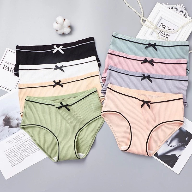 [Peinn] Set 10 Quần Lót 💥 HÀNG CAO CẤP 💥 Quần Lót Viền Kẻ Gân Tăm Tre Đính Nơ Cotton Tăm Thoáng Khí
