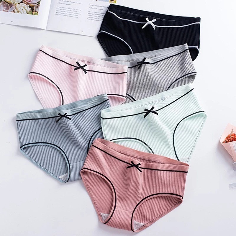 [Peinn] Set 10 Quần Lót 💥 HÀNG CAO CẤP 💥 Quần Lót Viền Kẻ Gân Tăm Tre Đính Nơ Cotton Tăm Thoáng Khí
