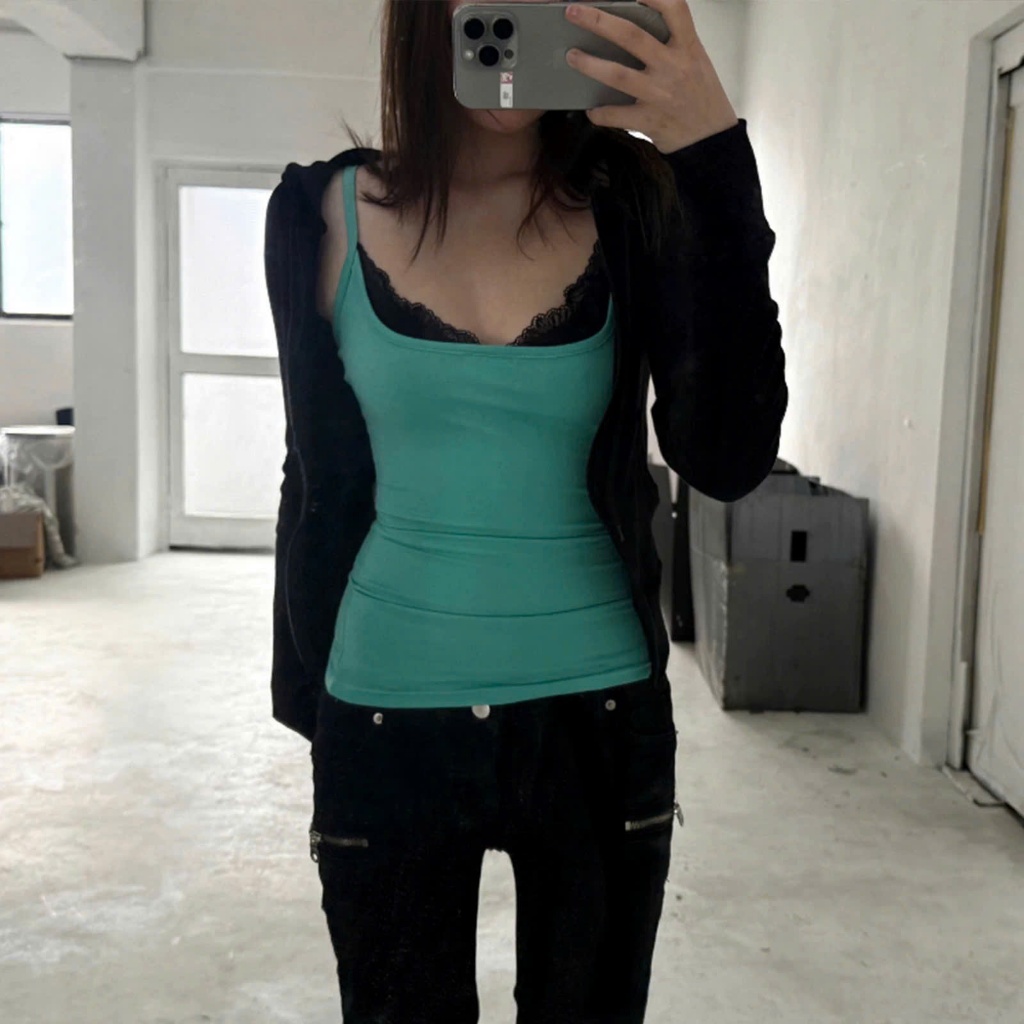 Áo hai dây layer ren đen màu trơn xanh ngọc tiffany blue dáng ôm co giãn AHD023 - Tiktik