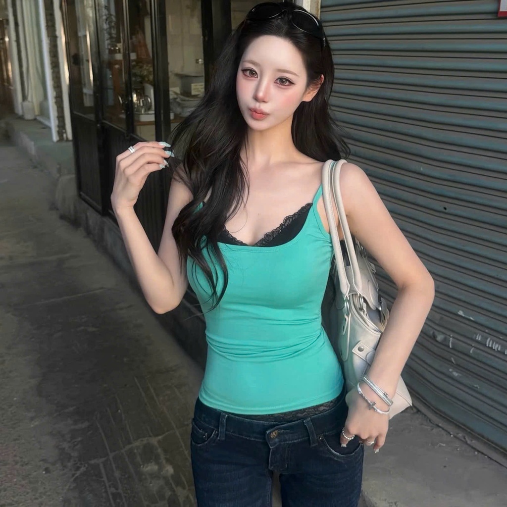 Áo hai dây layer ren đen màu trơn xanh ngọc tiffany blue dáng ôm co giãn AHD023 - Tiktik