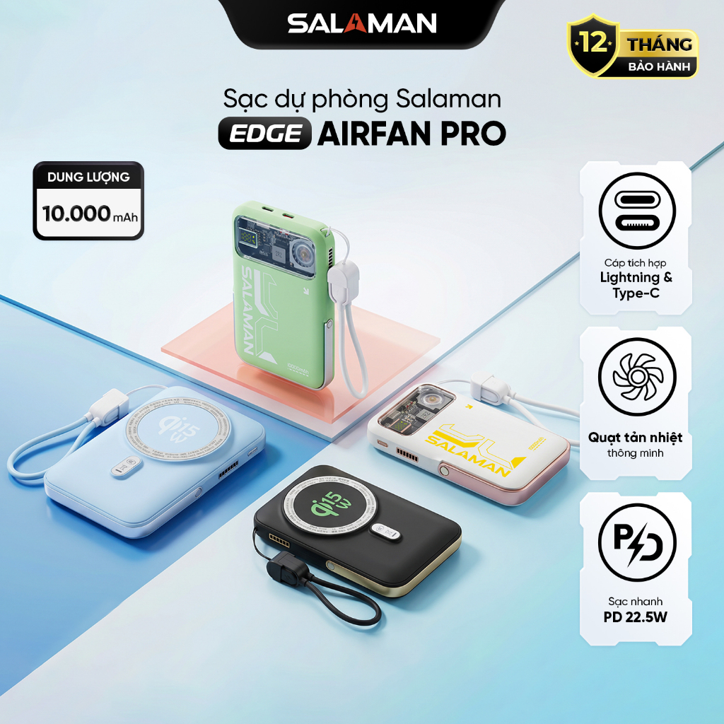 Sạc Dự Phòng Salaman AirFan Pro 10000mAh–Sạc Nhanh 22.5W,Dây 2in1 Type C+Lightning,Sạc Không Dây