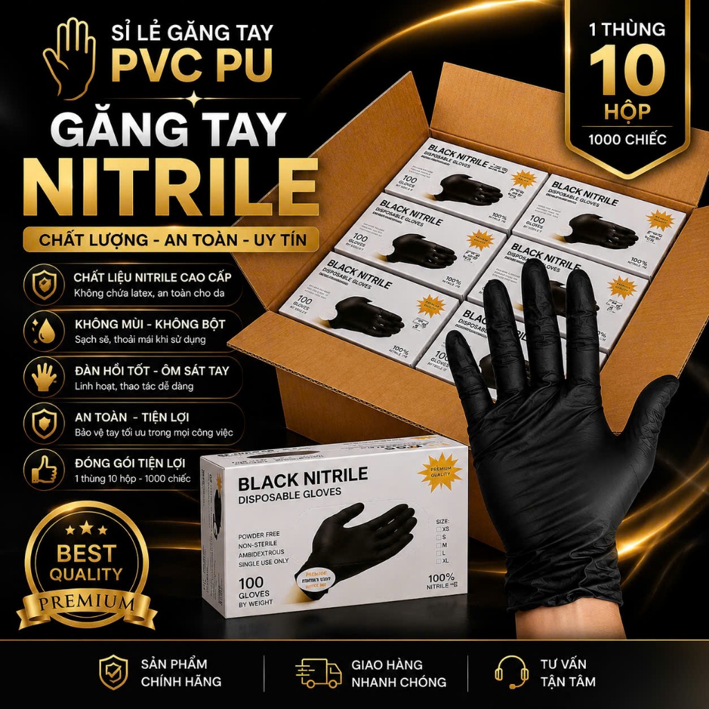 1 Thùng 10 hộp Găng Tay nitrile  Đen, Trắng,Xanh có nhám. Chuyên Dùng Trong Spa, phun xăm, thực phẩm.