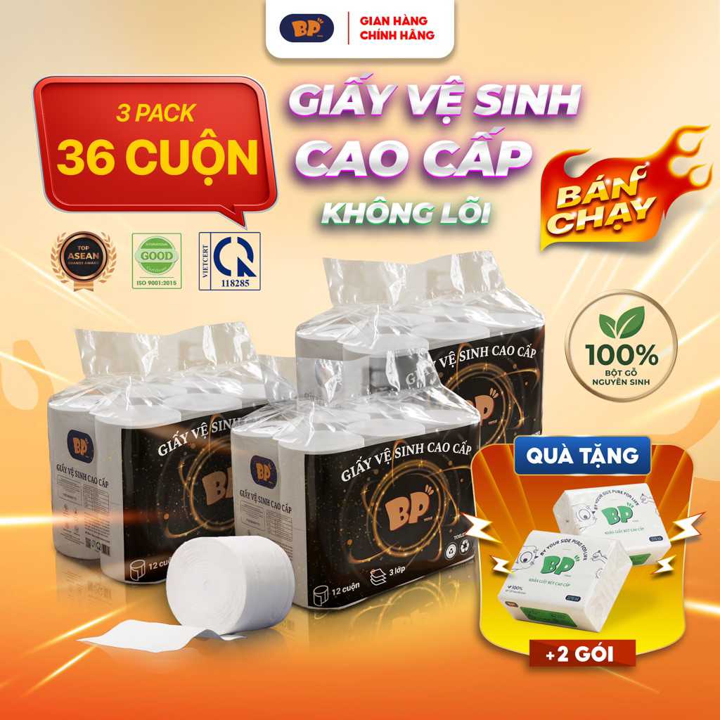 [Tặng 2 gói giấy rút] [ Không lõi] COMBO 3 Bịch Giấy Vệ Sinh 12 Cuộn BP TISSUE Chất Liệu Nguyên Sinh